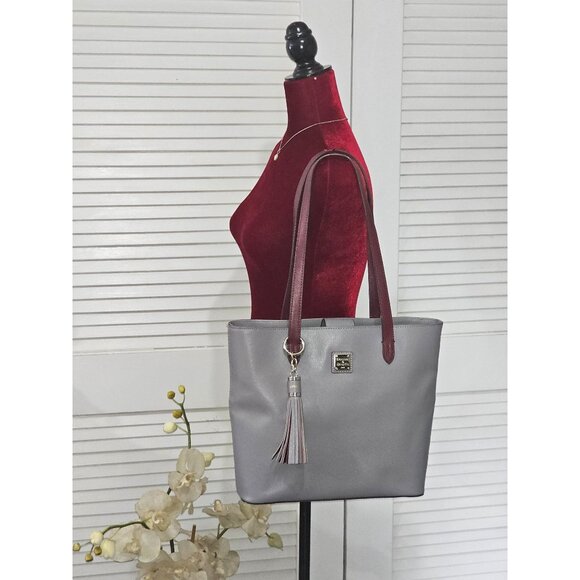 Dooney & Bourke Women's Gray Pebbled Leather Tassel Hadley Tote Bag L 1917 - Picture 2 of 16